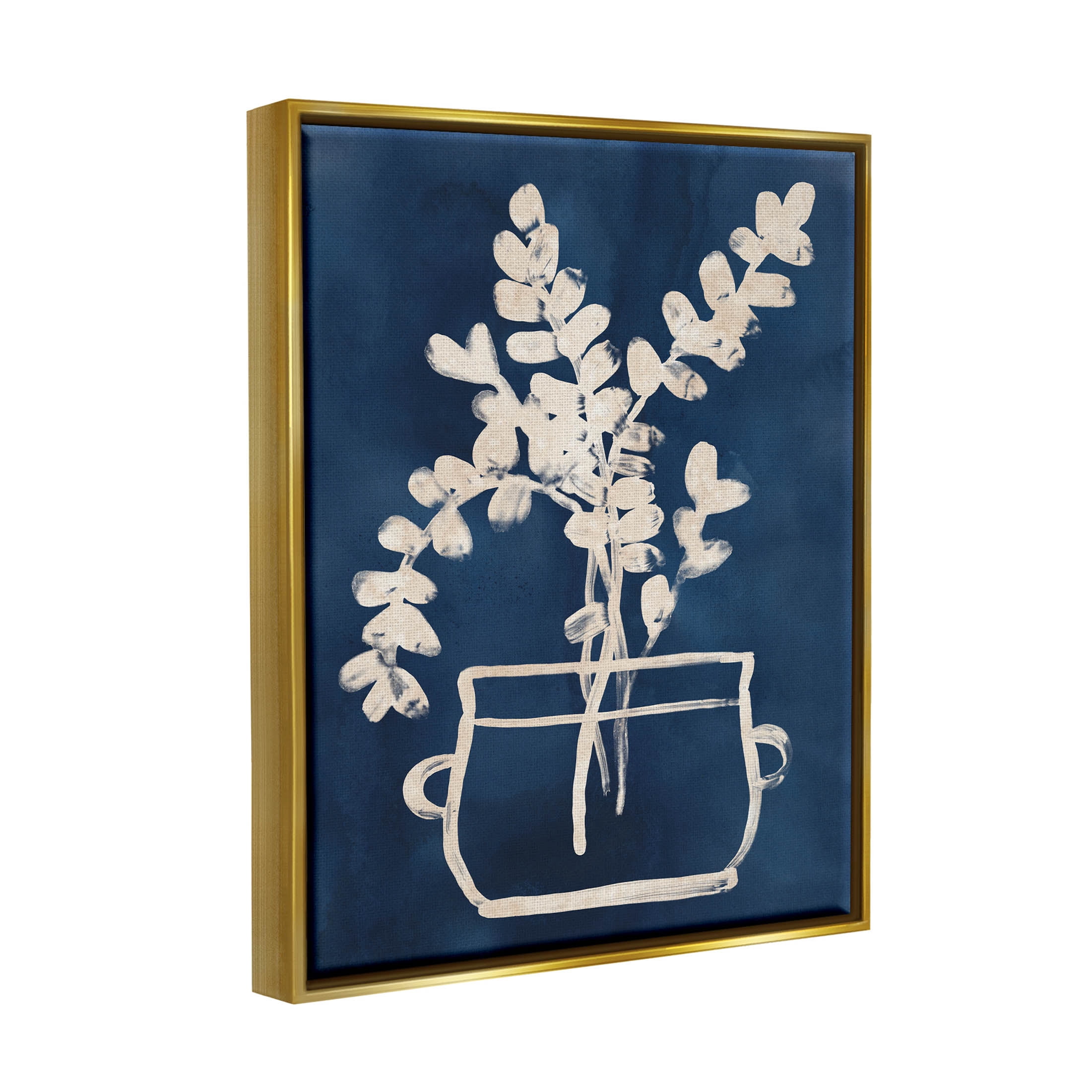 Stupell Industries Blue Plant Herbs Outline Graphic Art Metallic Gold Floating Framed Canvas Print Wall Art, Design by June Erica Vess