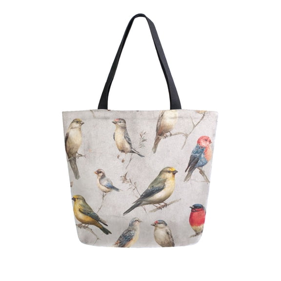 Open Top Canvas Tote Bag with Zipper Reusable Shopping Bag 13.5x15" Roomy Carryall Birds Pattern