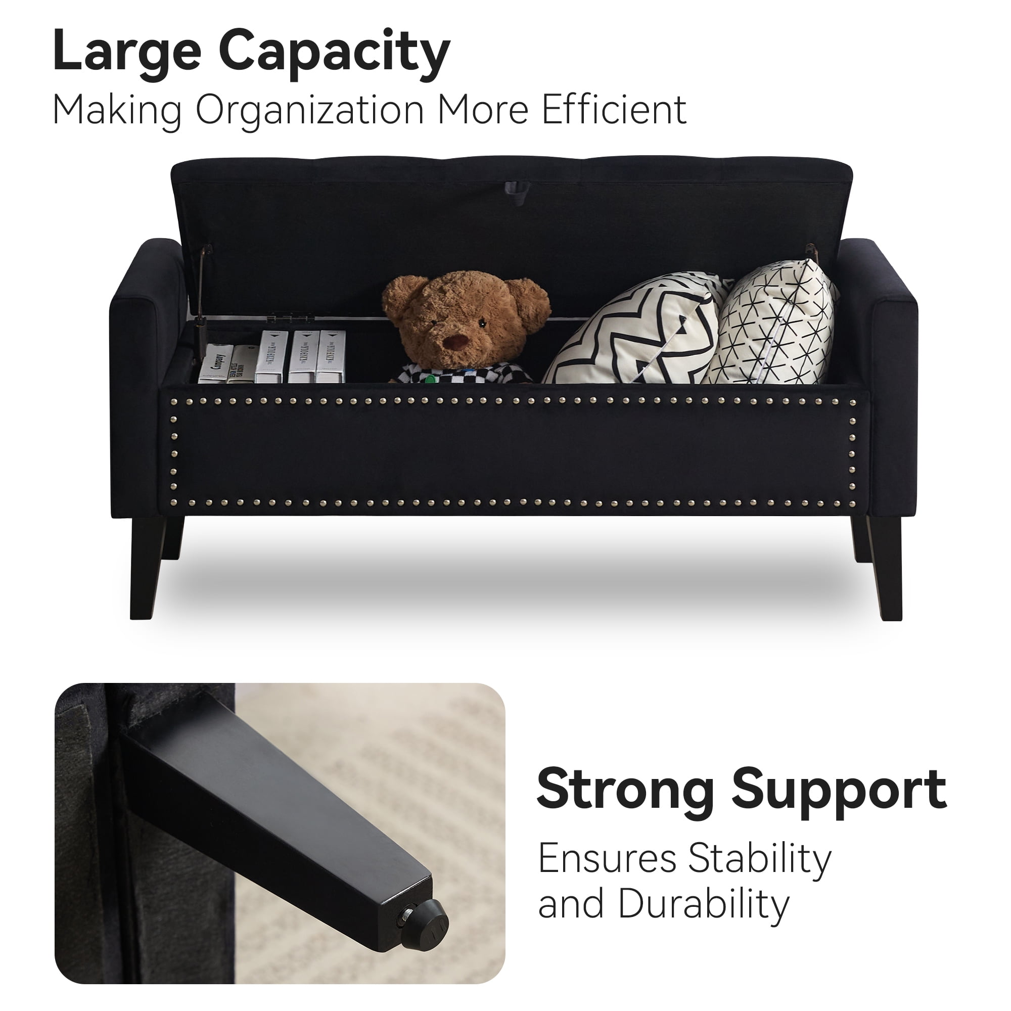 Velvet Storage Bench, Upholstered Bed Bench with Storage, End of Bed Ottoman with Wooden Legs,Bedside Storage Bench for Bedroom, Living Room, or Entryway, Black
