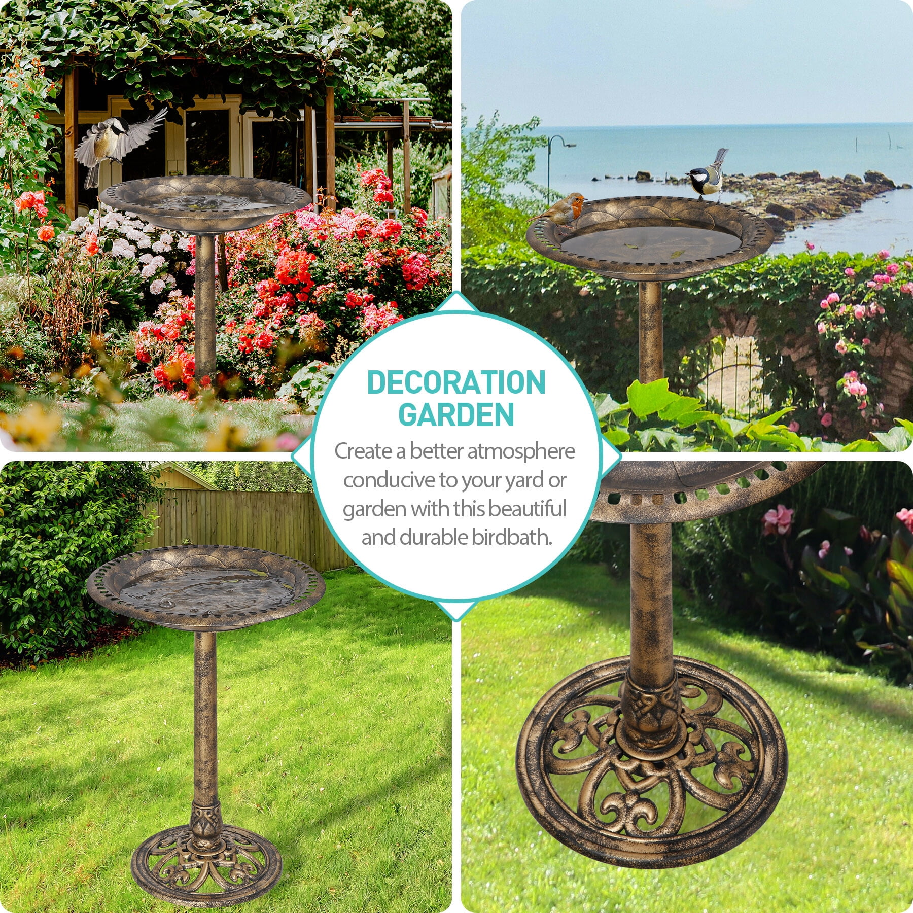 SuperDeal 28in Antique Bird Bath Weather-Resistant Resin Pedestal W/20in Bowl for Outdoor Garden Decor, Bronze