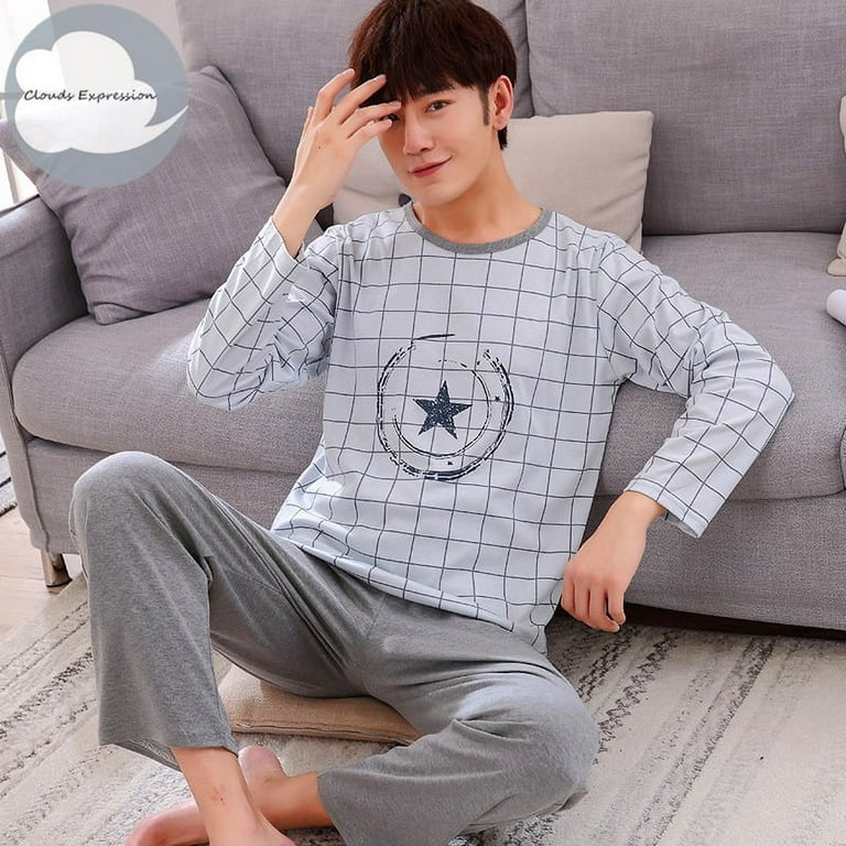 Autumn Winter Men's Cotton Pajamas Letter Striped Sleepwear