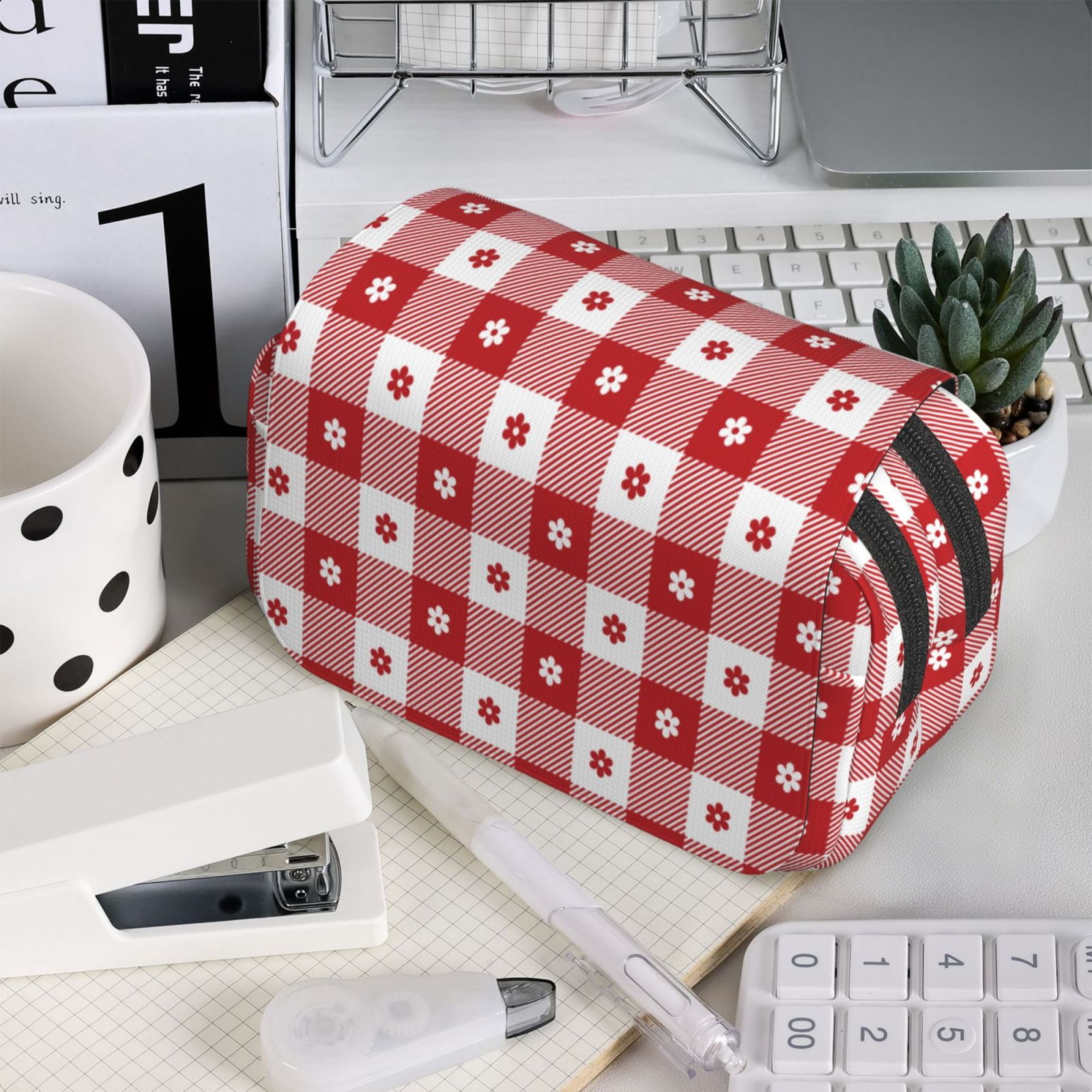 Rateoe Red Plaid Daisy Pattern Double Clamshell Pen Case, Storage Organizer with Two Zipper Compartments– Holds Up to 50 Pencils & Pens