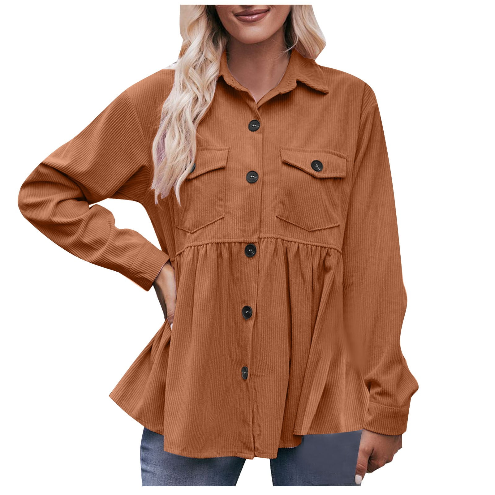 Women Corduroy Peplum Shacket Jacket Long Sleeve Button Down Babydoll Shirts Oversized Casual Collared Blouses Tops Brown L