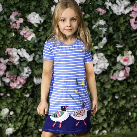 

Huilaibazo Girls Dress Toddler Baby Kids Girls Cotton Short Sleeve Casual Dress Cartoon Appliques Striped Princess Dresses
