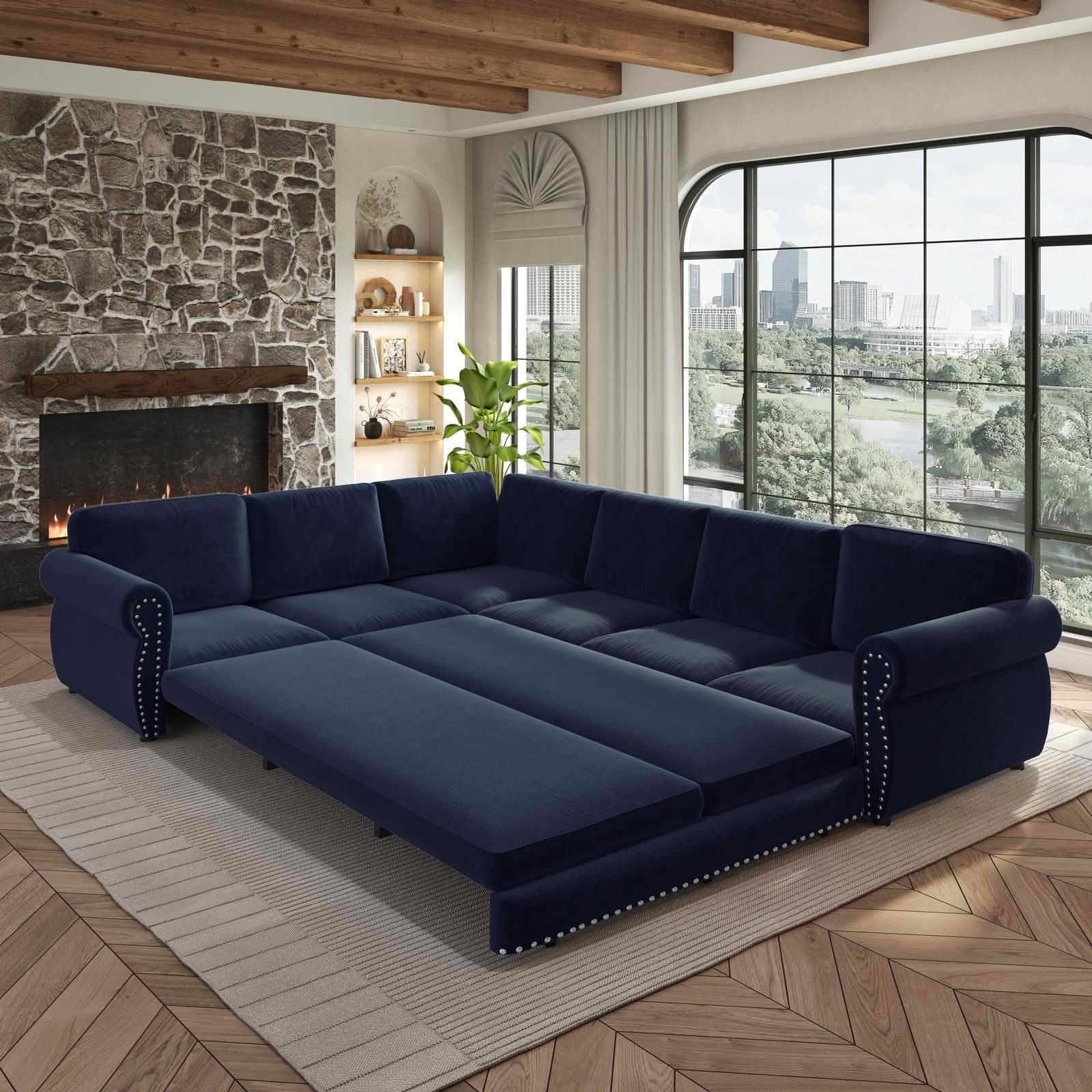 MAYEERTY 118" L‑Shaped Convertible Pull‑Out Sofa Bed, Chenille Sectional Couch with Nailhead Trim & Rolled Arms, Oversized Multifunctional Sleeper Sofa