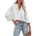 thumbnail image 2 of Langwyqu Turn-Down Collar Women Solid Button Crop Tops Lapel Blouse With Pocket, 2 of 5