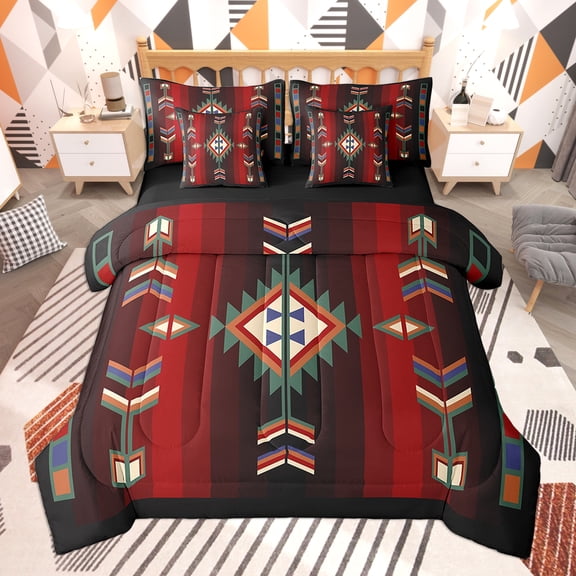 Feelyou Tribal Aztec Twin Bedding Sets 7-Piece, Black Red Bedding Comforter Set, Bohomian Hippie Style Sheet Sets, Super Cozy Bedroom Decorative