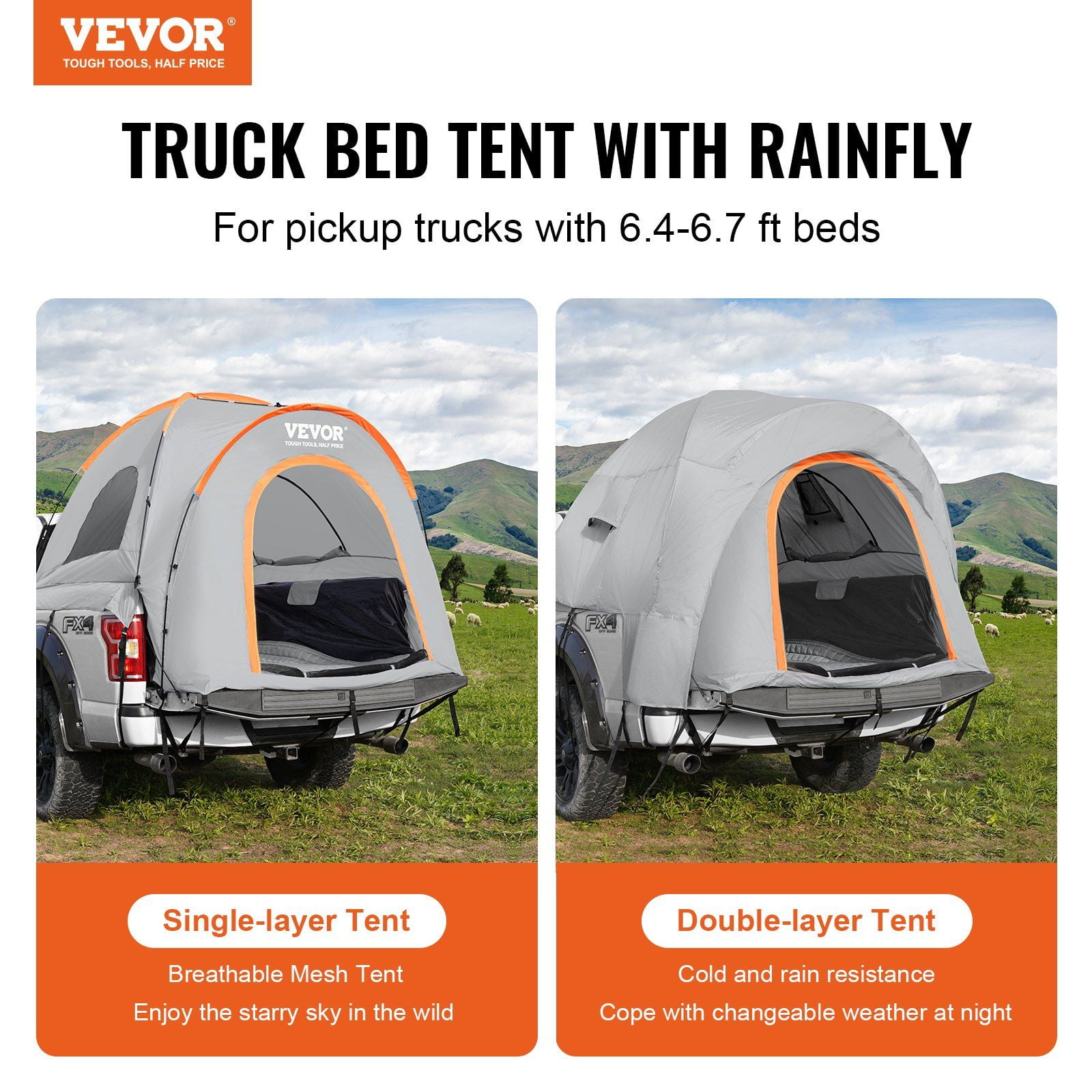 Double Layer Truck Tent for Camping, 6.4'-6.7' Pickup Bed, Waterproof PU2000mm with Rain Cover, Portable & Durable, 2-3 Person