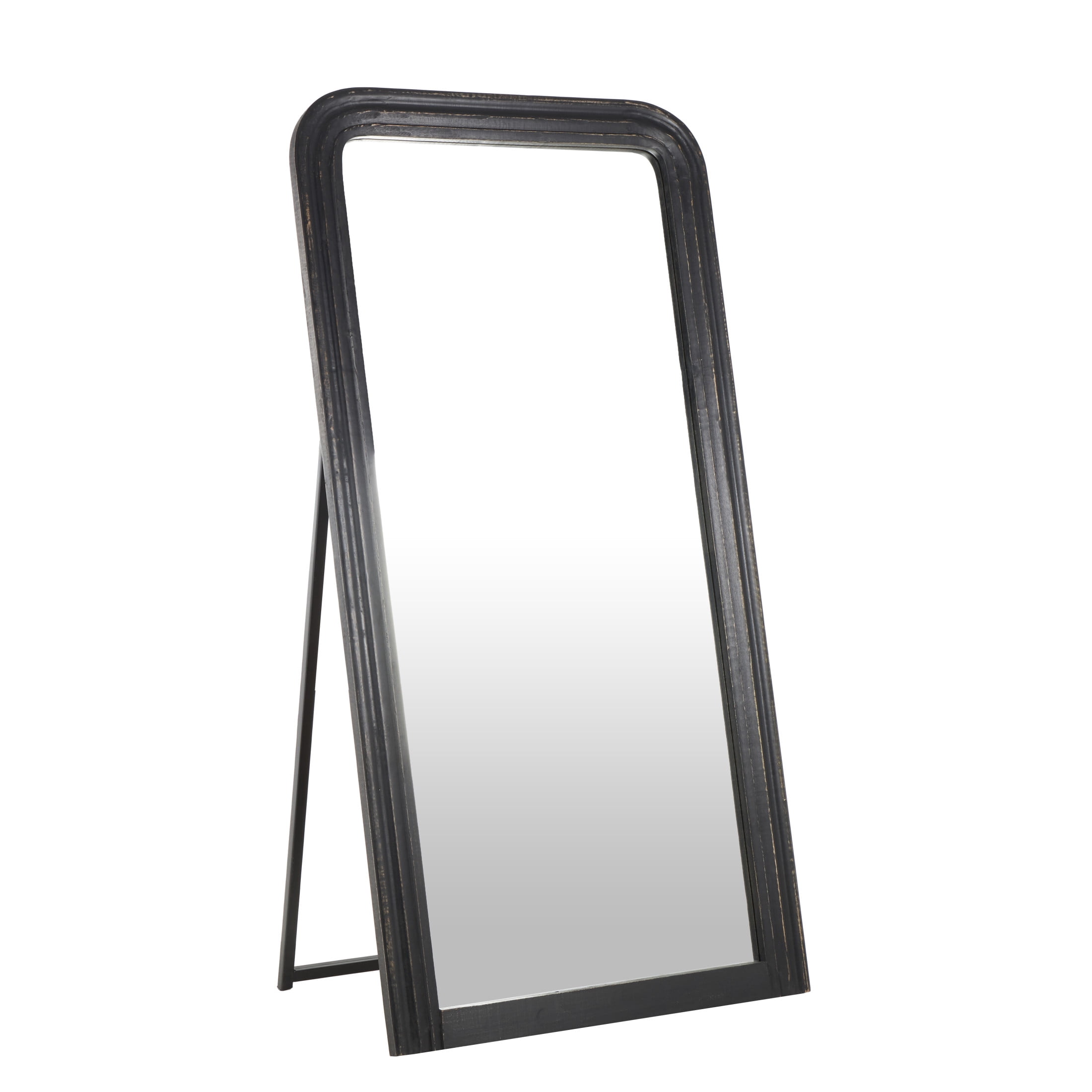 DecMode 36" x 72" Black Mango Wood Distressed Floor Mirror with Carved Grooves