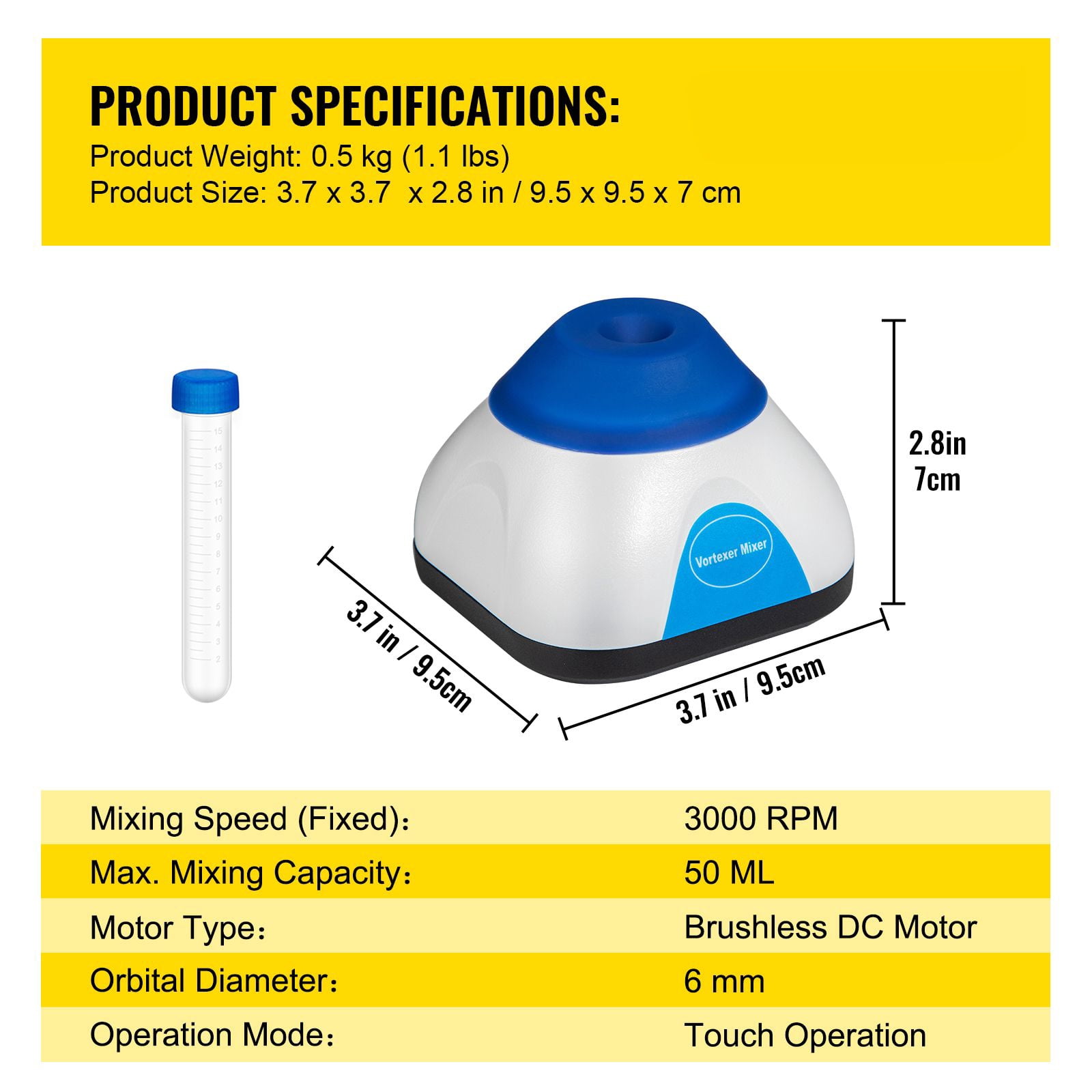 Vortex Mixer 3000 RPM Fixed Speed, 50mL Capacity 6mm Orbit, Brushless DC Motor Powerful Lab Vortex Shaker for Test Tube Sample Mixing