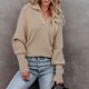thumbnail image 3 of Suéter de punto con solapa para mujer con dobladillo suelto, jersey de manga larga con cuello en V para otoño e invierno, color caqui M, 3 of 8