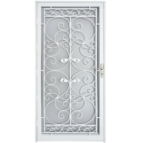 Grisham Deluxe Steel Security Door,36×80inch Iron Security Storm Door Conveys,Hand Forged Solid Steel Wrought Iron with Tempered Glass and Screen Panel(370White,with Door Handle)