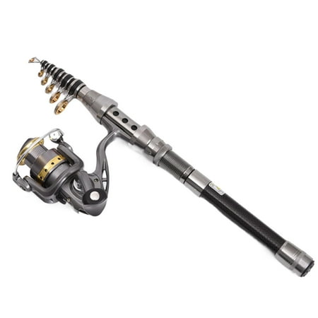 WYQLFSB Fishing Rod Reel Combos High Fiber Telescopic Fishing Pole Full Metal Ultra Smooth Spinning Reel with X Warping Pattern Design(total Length:2.4M) Silver