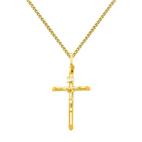 Wellingsale 14k Yellow Gold Polished Catholic Crucifix Cross Charm Pendant with 1.7mm Flat Open wheat Chain Necklace - 16"