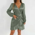 thumbnail image 4 of Ruimatai Women's V-Neck Tie-Waist Ruffled Hem Long Sleeve Dress, Summer Casual Wrap Dress with Puffed Sleeves, Solid Color Elegant Flowy Midi Dress for Outdoor Daily Wear, 4 of 7