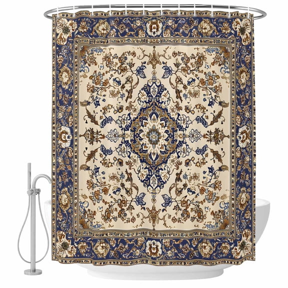 Boho Southwestern Shower Curtain Set - Long 72" x 84" Washable Bathtub Curtain with 12 Hooks, Vintage Geometric Ethnic Blue Brown Waterproof Fabric Stall Shower Curtains for Bathroom/Bathtub Décor