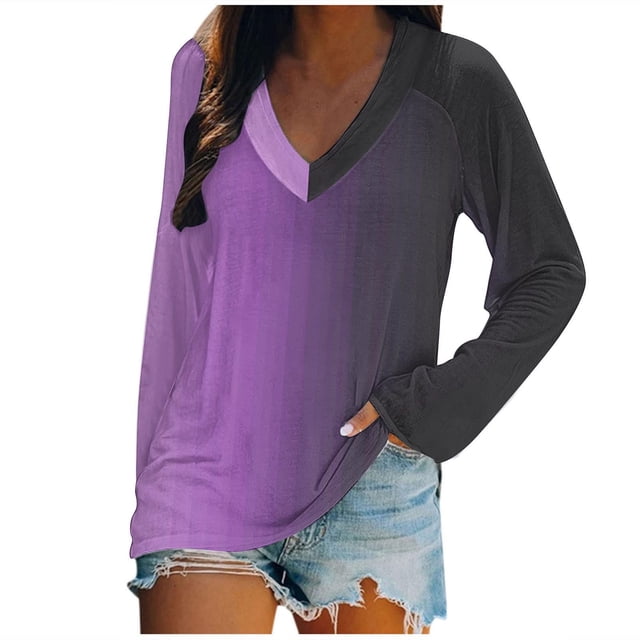 KIHOUT - Blusas casuales para mujer, liquidación 2024, moda clásica, color degradado, cuello en V, blusas holgadas básicas de otoño, blusas tipo túnica de manga larga