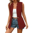 thumbnail image 2 of Women Long Vests Blazer Jackets Button Front Notch Lapel Elastic Waist Mid Length Sleeveless Waistcoat for Business Casual Wine Warm Ladies Jacket 3XL, 2 of 8