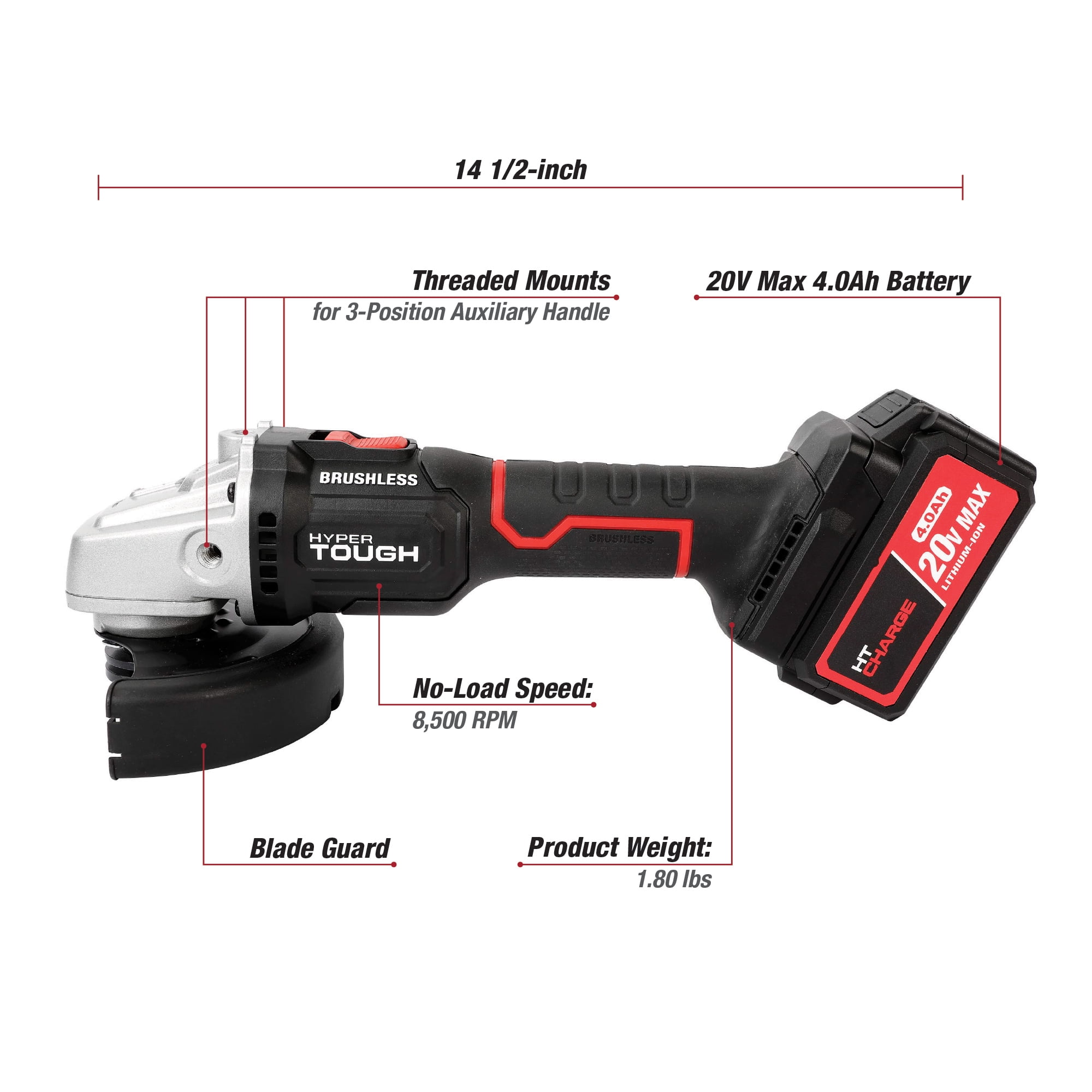 Hyper Tough 20V Max Brushless 4.5-inch Cordless Angle Grinder with 4.0Ah Lithium-Ion Battery and Charger