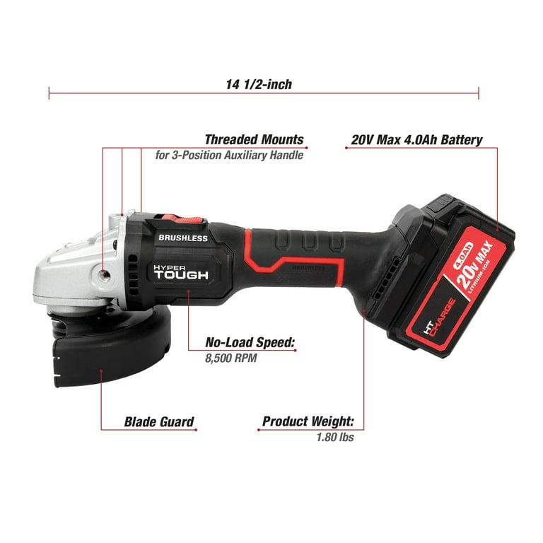 Hyper Tough 20V Max Brushless 4.5 inch Cordless Angle Grinder with 4.0Ah Lithium Ion Battery and Charger New Walmart