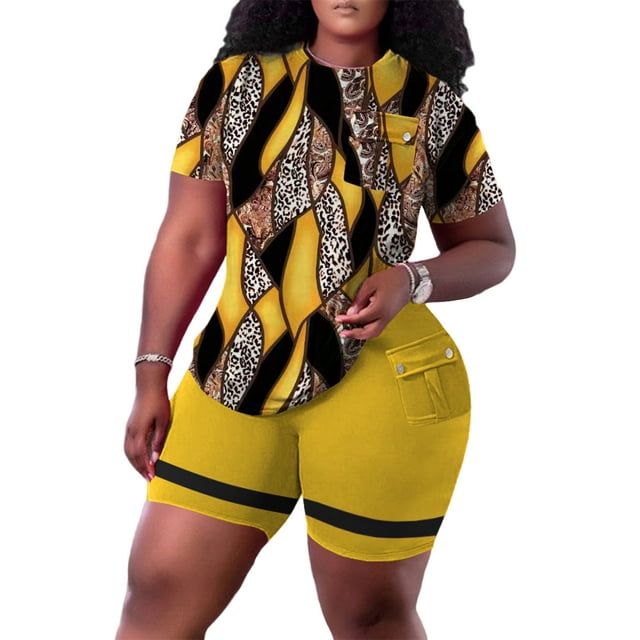 Fashnice Ensemble de Jogging pour Femmes Col Rond Ensemble de Détente Taille Élastique Deux Pièces Tenue Décontractée Gym T-Shirts+Shorts Jaune Foncé L
