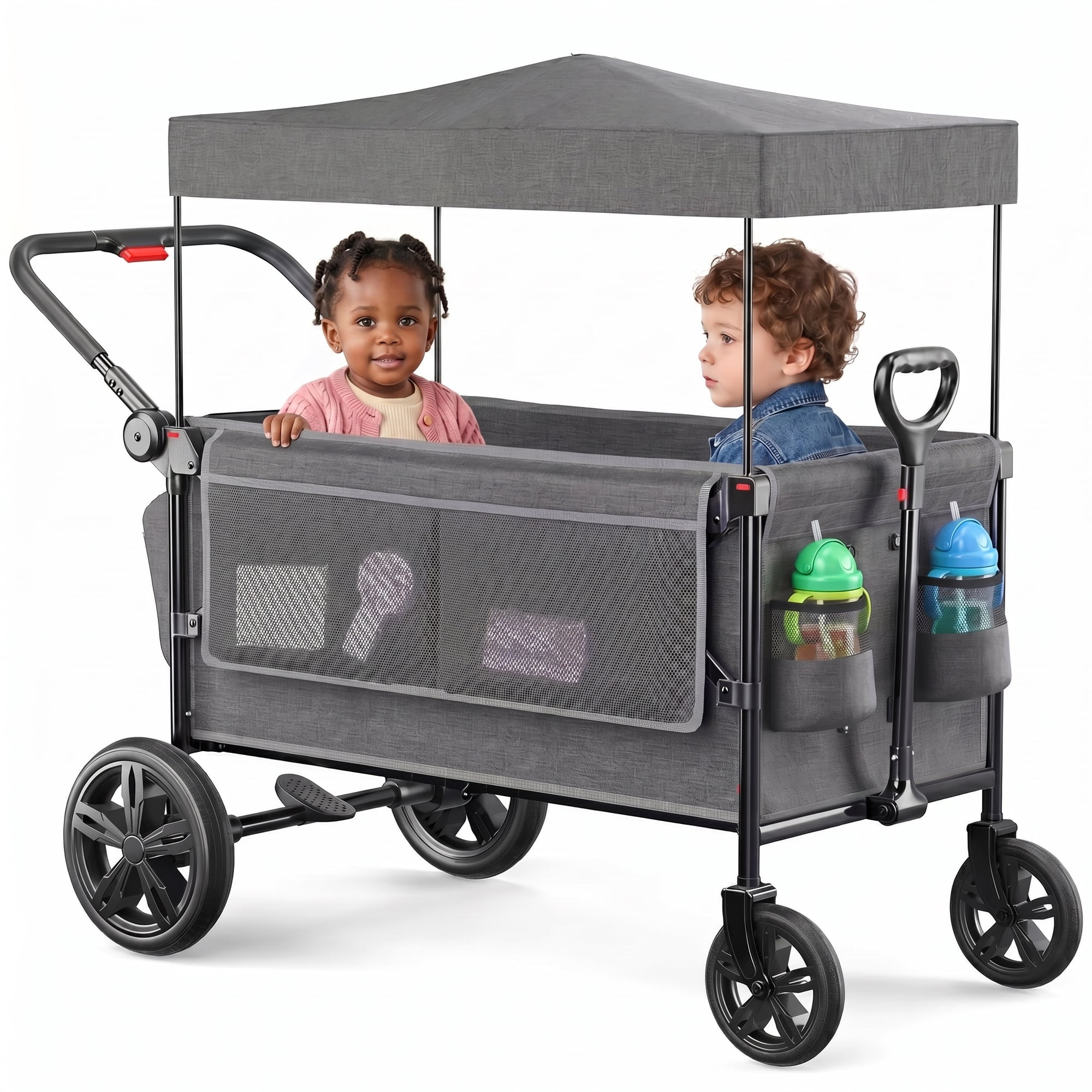 SACVON All-Terrain Stroller Wagon for Toddlers with Canopy, Parent Organizer, Adjustable Handlebar, 2 Cup Holders