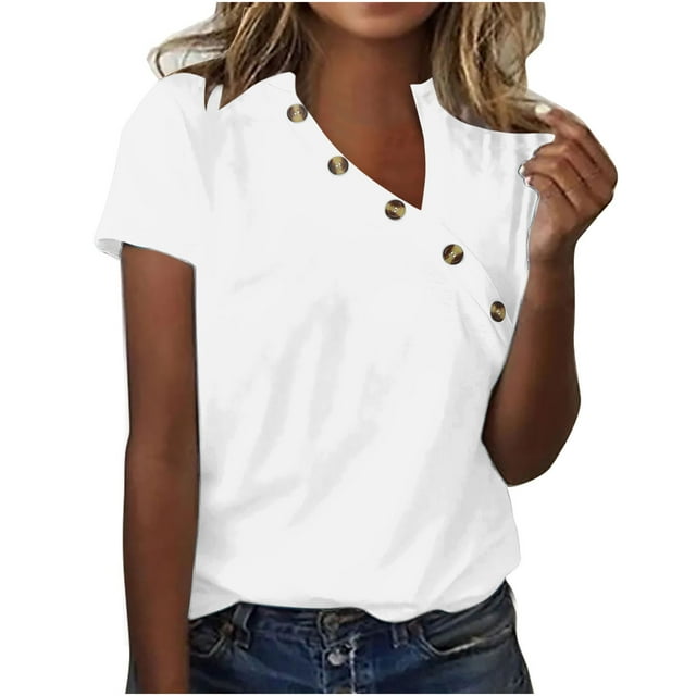 Frostluinai Going Out Tops for Women Short Sleeve Summer Shirts V Neck Irregular Button T Shirts Solid Color Plus Size Tees Clearance Sale