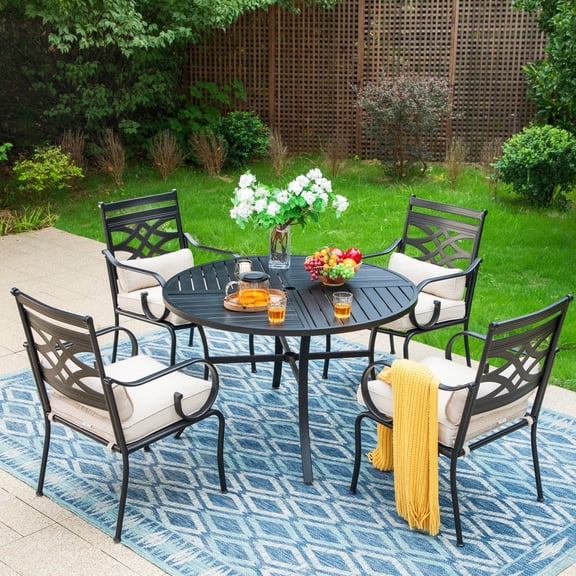SUMMIT LIVING 5-Piece Outdoor Patio Dining Set, 4 Metal Dining Chairs with Seat Cushion and Back Cushion & 1 Round Table with Umbrella Hole, Black & Beige