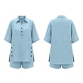 thumbnail image 7 of Cagogo Women Plus Size 2 Piece Set Casual Collared Short Sleeve Shirt Shorts Solid Summer Outfits Tracksuits Lounge Sets Vacation Travel Clothes, Blue M, 7 of 7