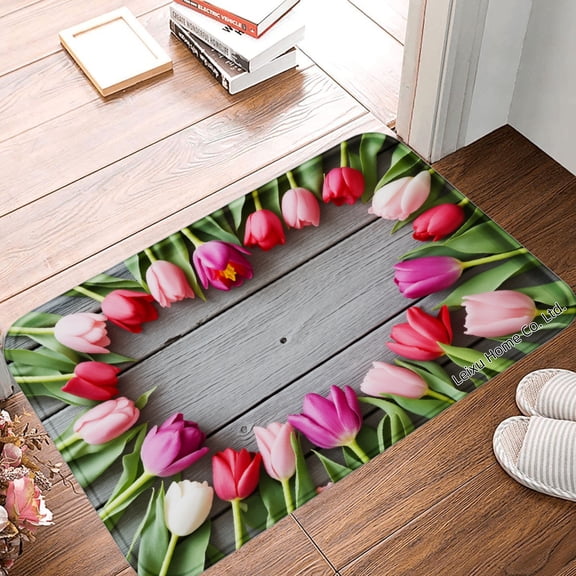 FJPT Non Slip Flannel Polyester Floor Mat With Tulip Design For Bathroom Kitchen Bedroom Decor 31.5x19.7 inch