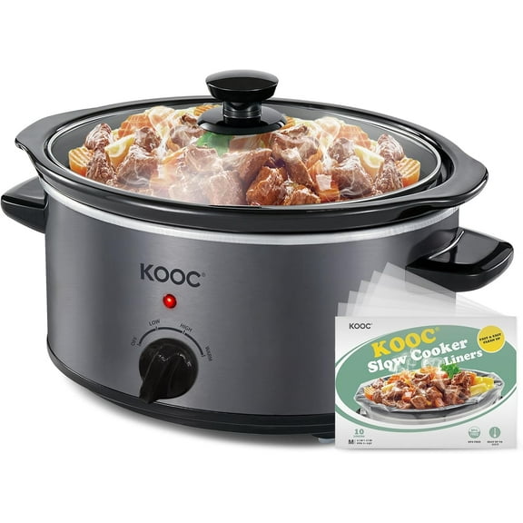 4-Quart Slow Cooker, 3 Cooking Settings, Dishwasher Safe Ceramic Crock, Lid, Free Pot Liners Included, GREY, Ellipse Pot