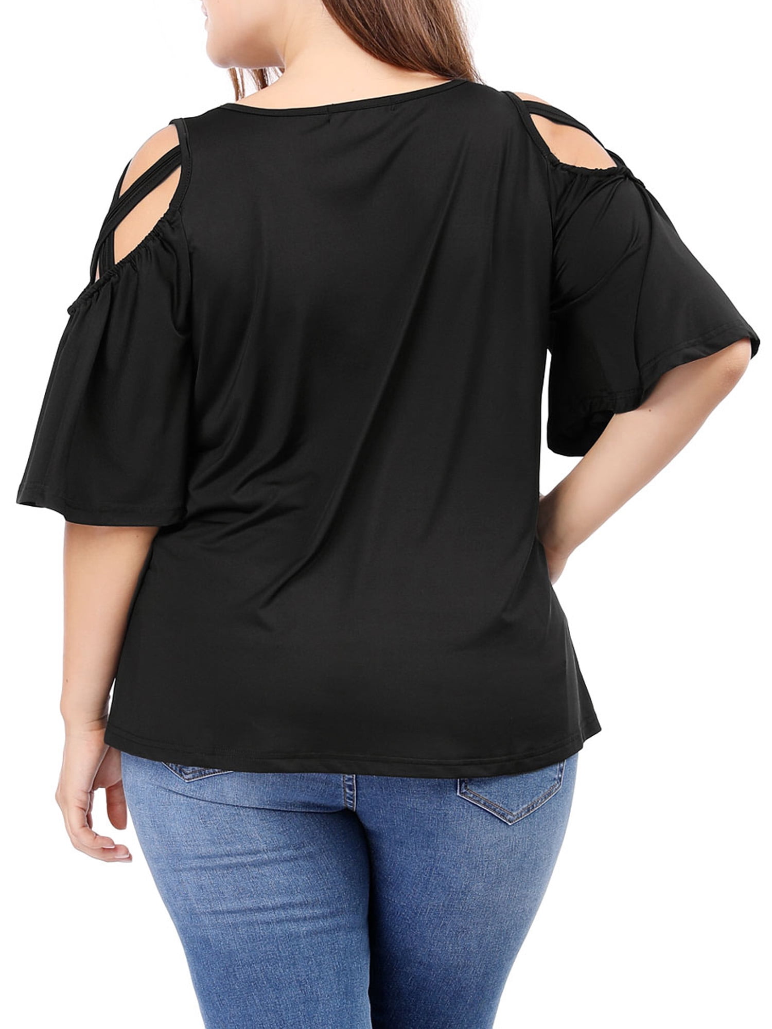 Unique Bargains Juniors' Plus Size Strappy Shoulder Trumpet Sleeves Top 4X Black