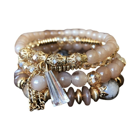 HUANLEDASH 5 Pcs Women Bracelets Faux Crystal Smooth Multi Pendant Jewelry Retro Bohemian Style with Elastic Cord Multi-layered Stackable Bracelet Set