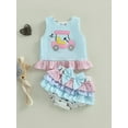 thumbnail image 4 of Toddler Baby Girl Summer Golf Outfits Sleeveless Golf Embroidery Striped Tank Tops Ruffles Bowknot Bloomers Shorts 2Pcs Set, 4 of 8