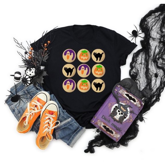 Halloween Sugar Cookie T Shirt, Graphic Tees, Cute Ghost Cookie Tops, Spooky Black Cat Top, Pumpkin Shirt,Funny,cotton,black,S-5XL