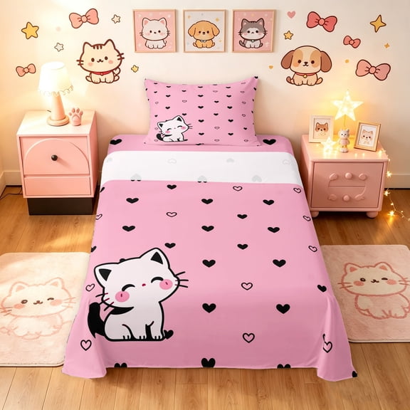 Manfei Kawaii Kitten Twin Sheets, Sweet Love Heart Doodle Bedding, Pink, 3-Piece, 1 Flat Sheet, 1 Fitted Sheet and 1 Pillowcase