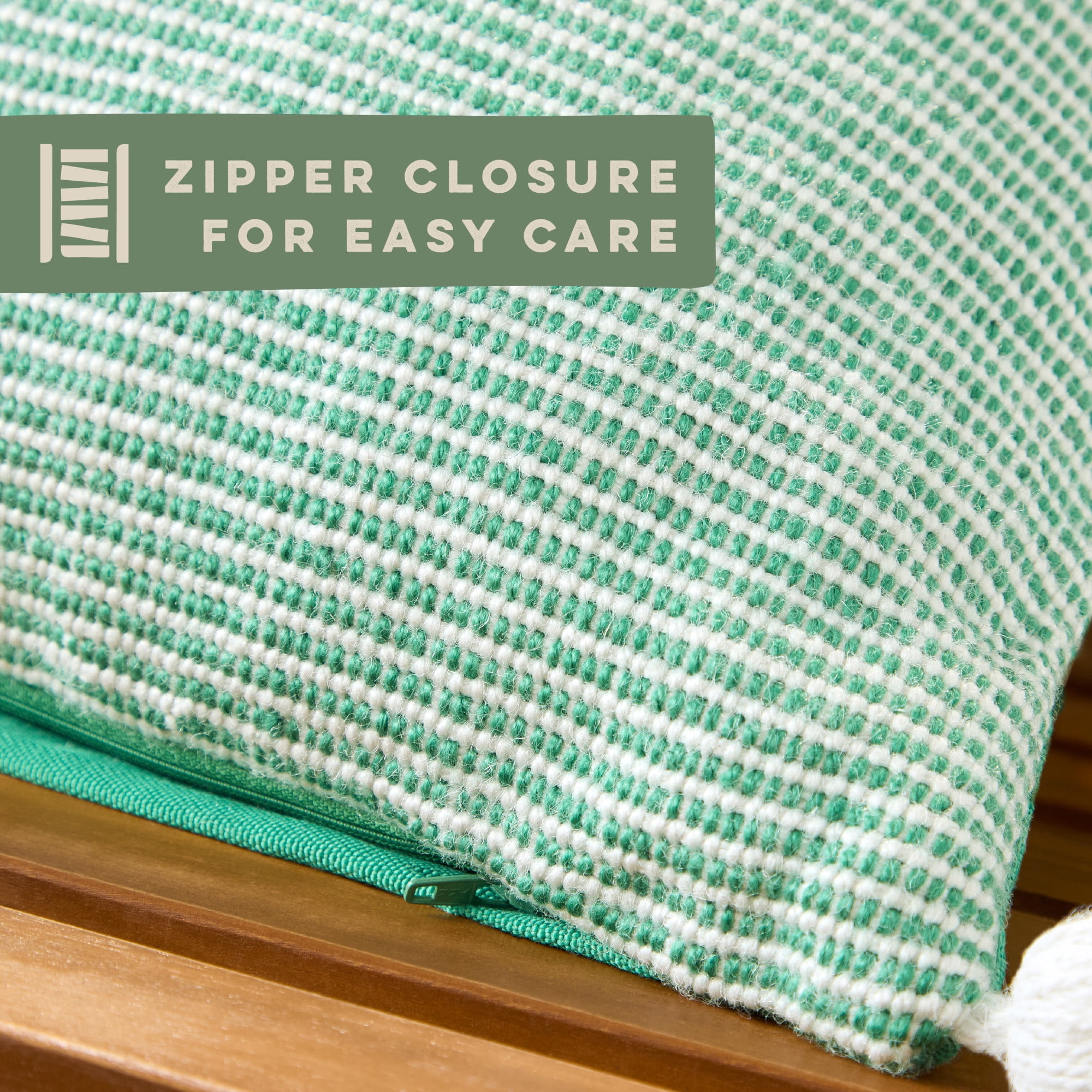 TOWN & COUNTRY TERRA Alara Ribbed Texture Handcrafted Indoor Outdoor Decorative Pillow, 100% Recycled Materials, UV Fade Resistant, Water Repellent, Green/Ivory, 20"x20"