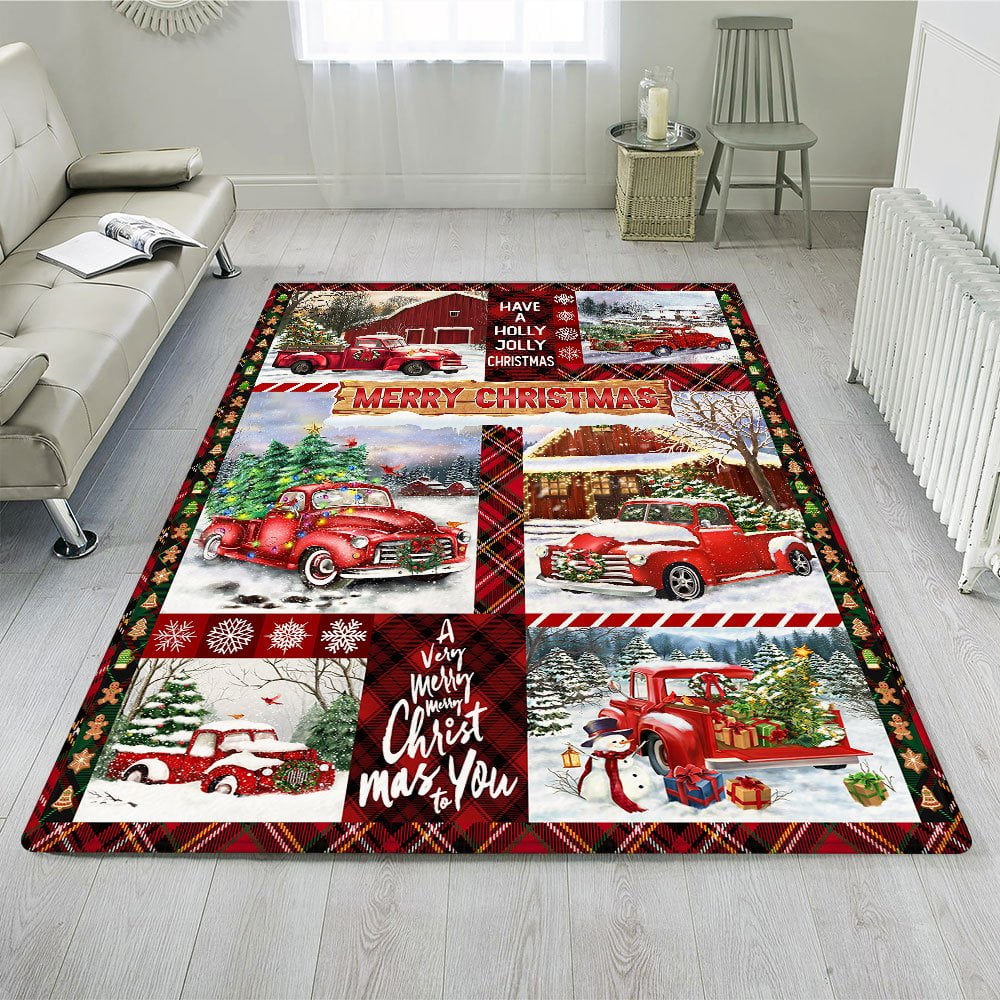 Rectangle Area Rug For Living Room, Bedroom, Red Truck Christmas Rug