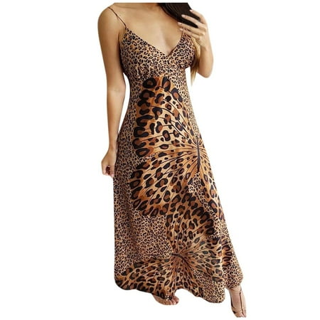 

jsaierl Women Deep V Leopard Butterfly Wrap Sling Sleeveless Nightclub Beach Long Dresses for women 2023