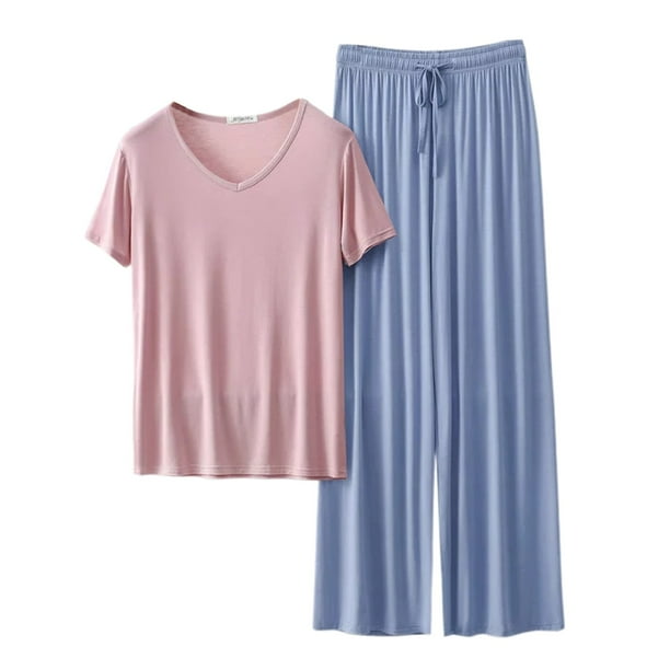 Conjunto de pijama de manga corta con cuello en V para mujer - Pantalones largos de poliéster y spandex, ropa de dormir ligera para verano