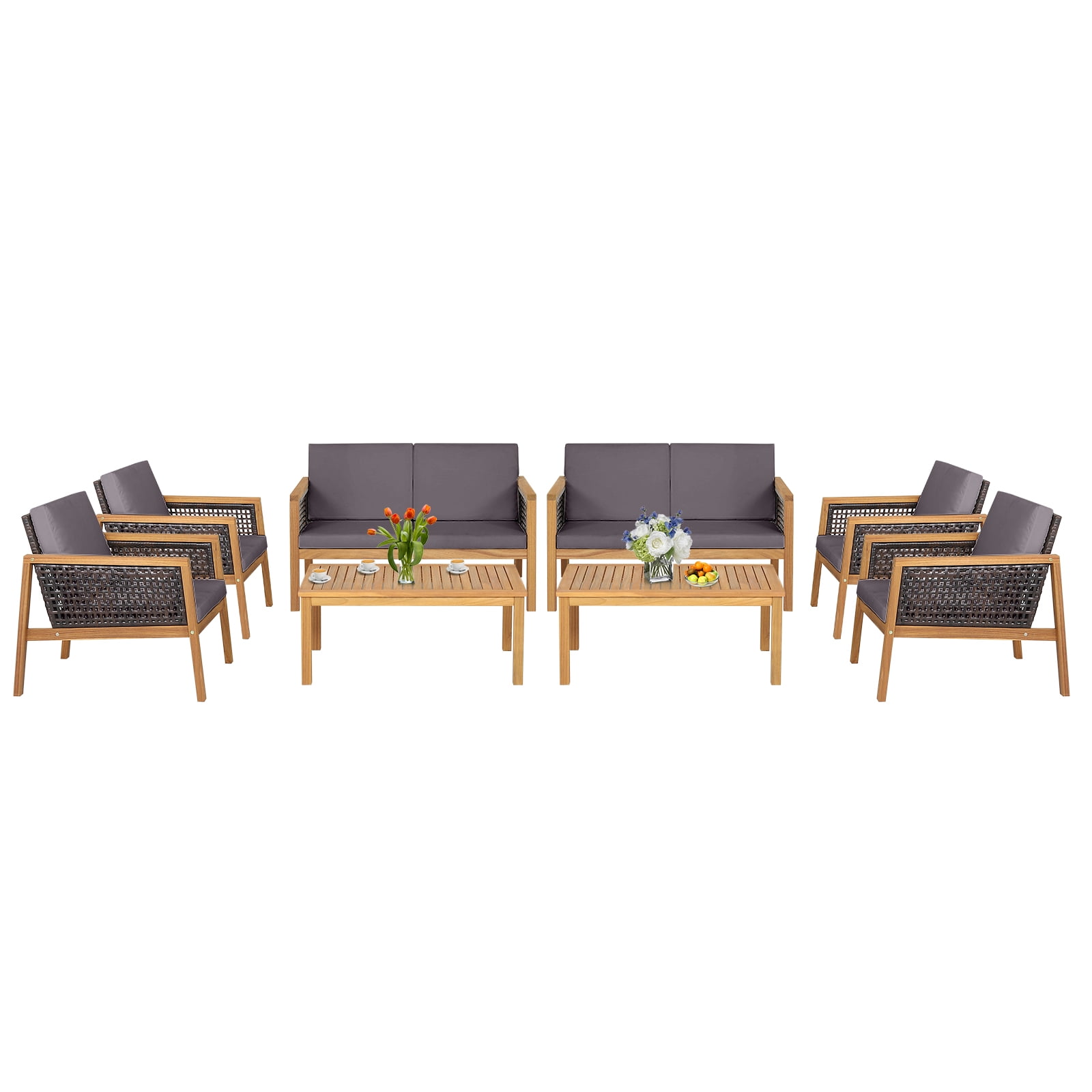 Patiojoy 8Piece Patio Acacia Wood Furniture Set Outdoor PE Rattan