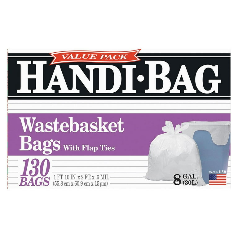 Berry Global Handi-Bag 8 Gallon Trash Bag, 22 x 24, Low Density, 0.6 mil,  White, 130 Bags/Box (HAB