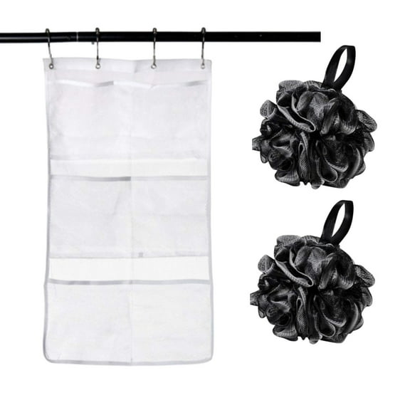 3 Pack-1 Mesh Shower Organizer Hanging and 2 Mesh Pouf Bath Sponge, shower body puff for Women Men Kids,Extra Large Capacity for Toiletry Accessories,Black&White