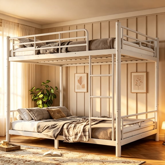 Bellemave Queen over Queen Bunk Bed with Round‑Tube Frame for Teens & Adults, Heavy Duty Metal Convertible Bunk Bed, Noise‑Reduced, White