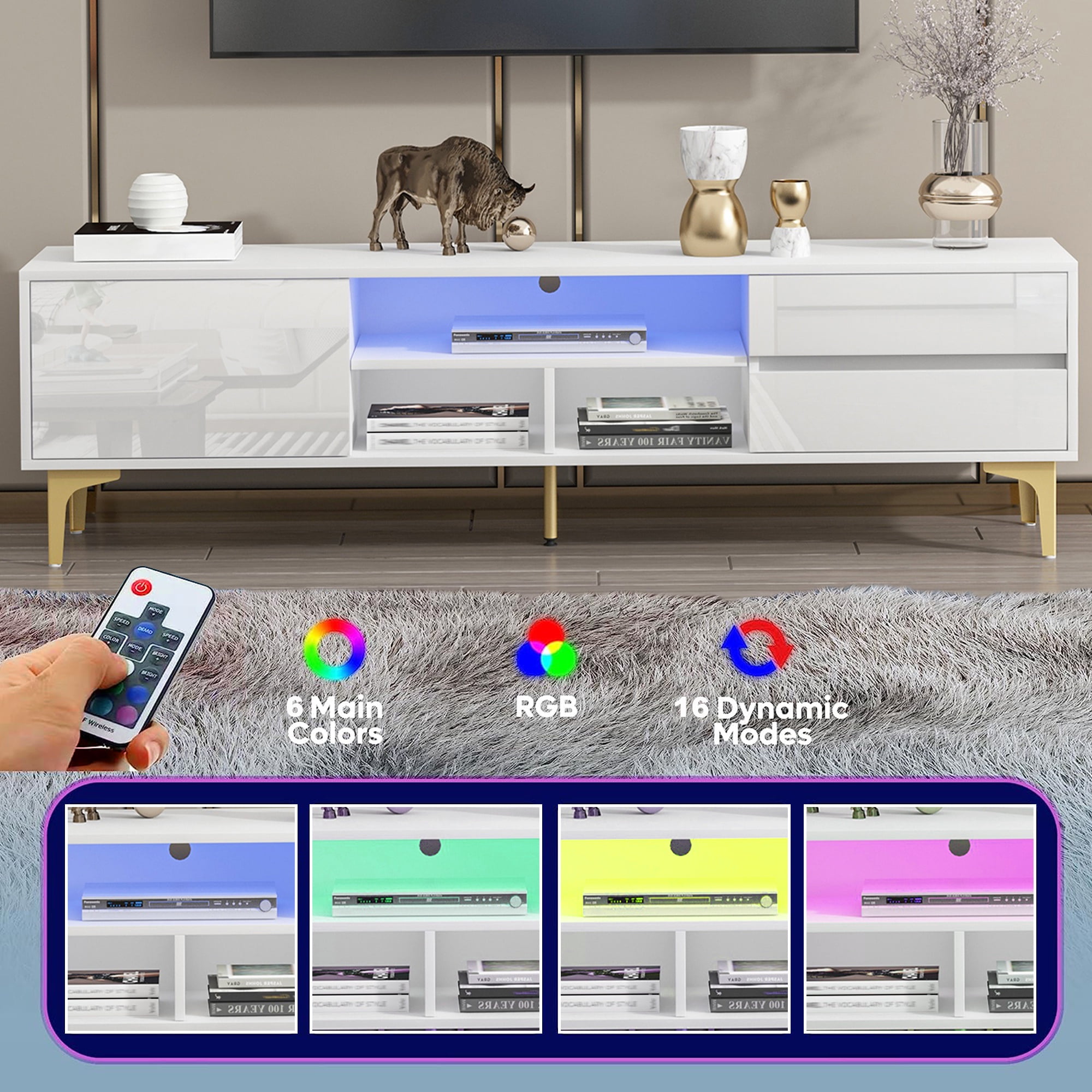 SESSLIFE TV Stand for 70 Inch TV, TV Console Table with RGB LED Lights, Modern Wood Entertainment Center with Cabinet and Drawers, TV Cabinet for Living Room, Bedroom, White