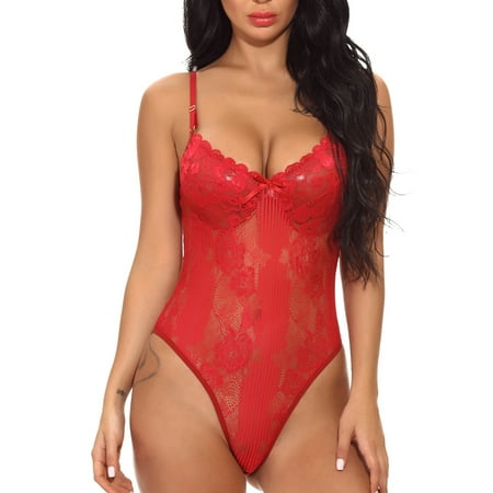 

Pfysire Womens Sexy Lingerie Erotic See Through Bodysuit Lace Babydoll Wine Red L