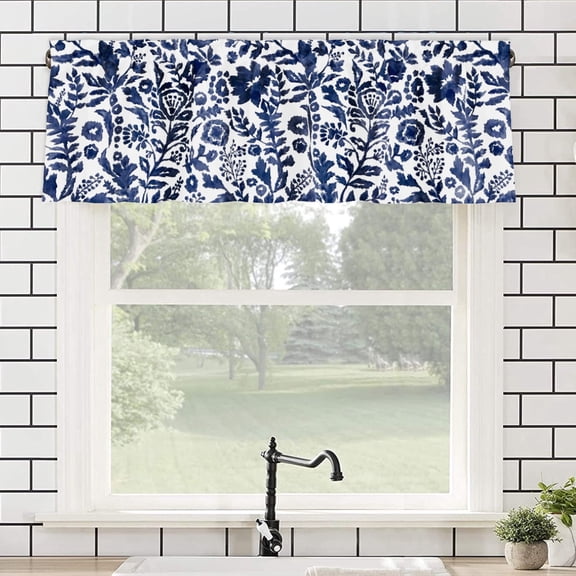 Tomalillin Navy Floral Flowers Leaves Lightweight Light Filtering Polyester Rod Pocket kitchen Window Curtain Valance for Kitchen Living Room Bedroom Windows 54x18 inch