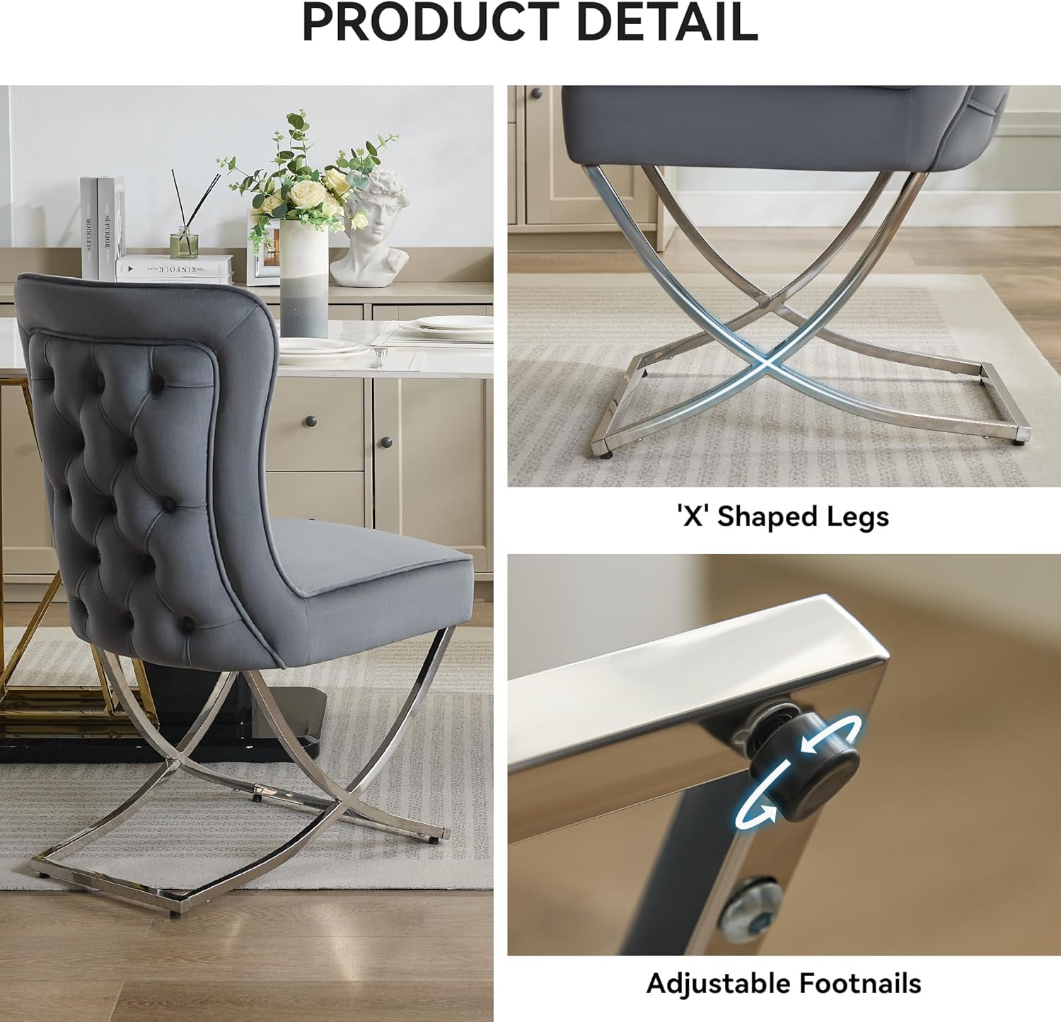 2PCS Luxury Velvet Dining Chairs, Tufted Upholstered Armless Accent Chairs with Silver Metal X-Legs, Modern Glam Dining Chair Kitchen Chairs, Dark gray