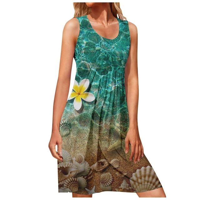 EQWLJWE Robes d'Été pour Femmes 2023 Robes en Solde pour Femmes Robes d'Été pour Femmes Imprimé Sans Manches Col Rond Robes avec Poche Robes d'Été pour Filles