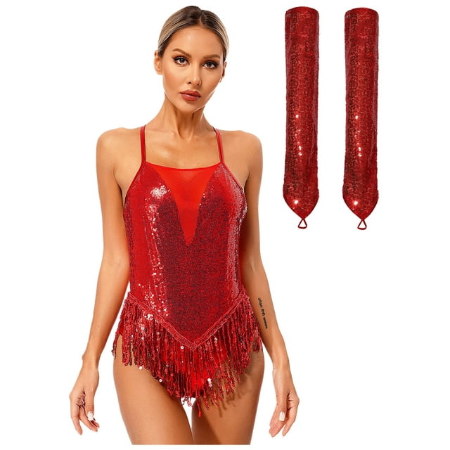 RUNQHUI Robe de Bal à Franges et Sequins pour Femmes, Latin Tango Salsa Rumba, avec Gants, Rouge L